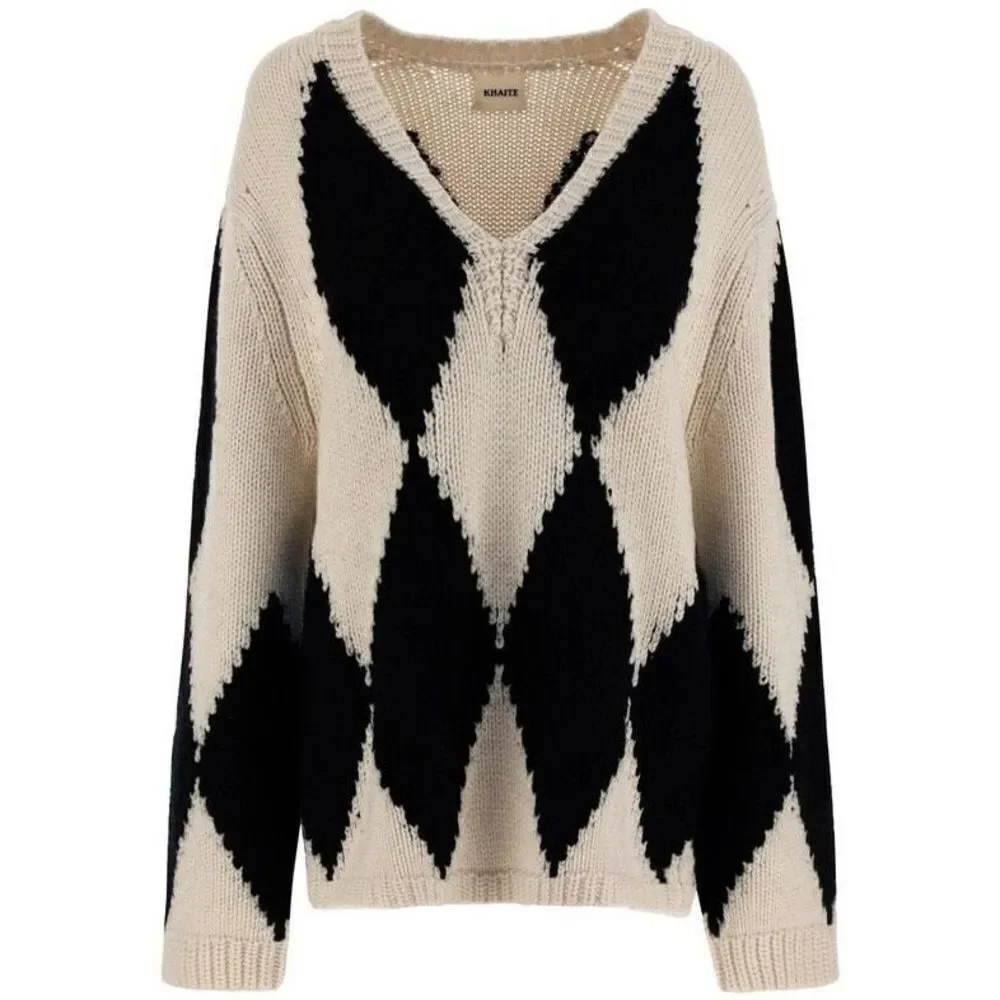 KHAITE The Valerie Argyle 100% Cashmere Academia Sweater Cream V Neck Size XS - Picture 12 of 12